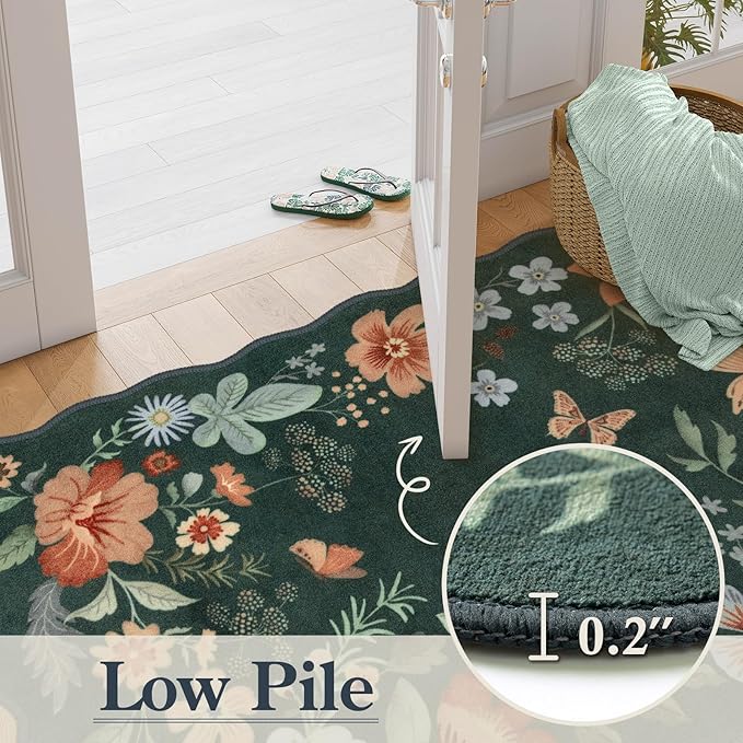 Lahome Floral Washable Rug- 4x6ft Green Bedroom Girls Ultra-Thin Soft Living Room Non-Slip Stain Resistant Boho Lightweight Throw Rug for Nursery Office Flore, Dark Green