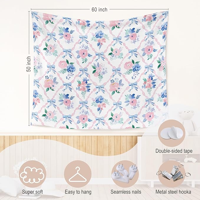 WARDOS Coquette Pink Bow Tapestry, Coquette Room Decor, Preppy Pink and Blue Floral Tapestry, Cute Preppy Room Decor Teen Girls, Girly Bedroom Decor, Coquette Stuff, 50x60 Inch