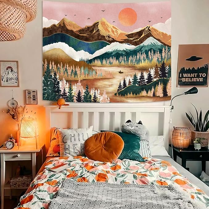 Zussun Mountain Tapestry Nature Forest Tree Tapestries for Bedroom Aesthetic Sunset Tapastry's Wall Hanging Orange and Green Landscape Wall Tapestry for Living Room Dorm (Orange, 80'' × 60'')
