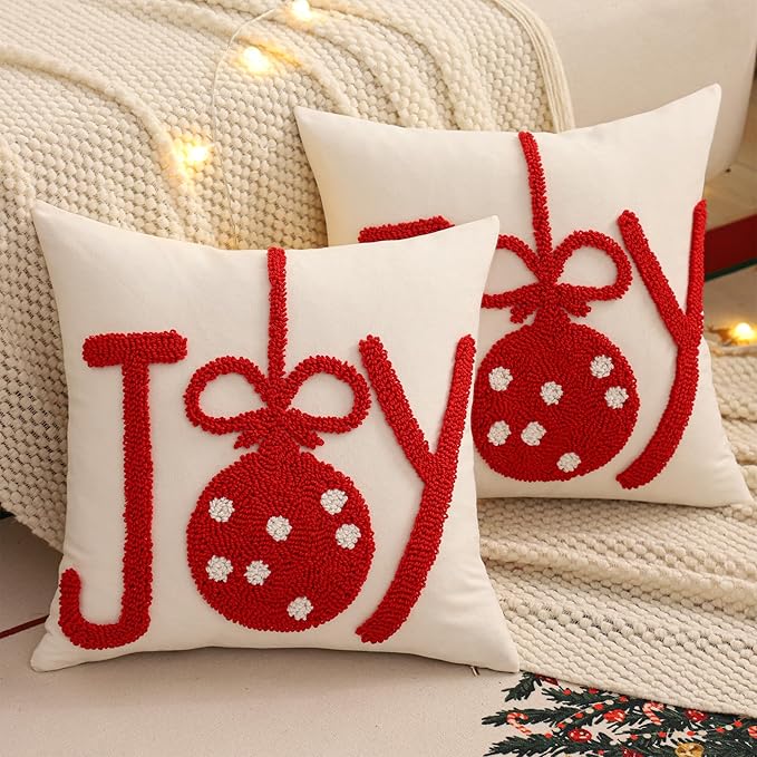 Tosleo Christmas Tufted Pillow Covers 18 x 18 inch Set of 2 Red Xmas Joy Throw Pillow Cover Xmas Party Decor Winter Holiday Embroidery Cushion Case for Sofa Couch Bed Living Room
