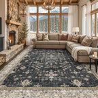 Black Boho Rug for Living Room 9x12 - Washable Dining Room Rugs for Under Table, Vintage Soft Low Pile Carpet for Bedroom, Non-Slip Farmhouse Bohemian Large Tumble Rug for High Traffic Area