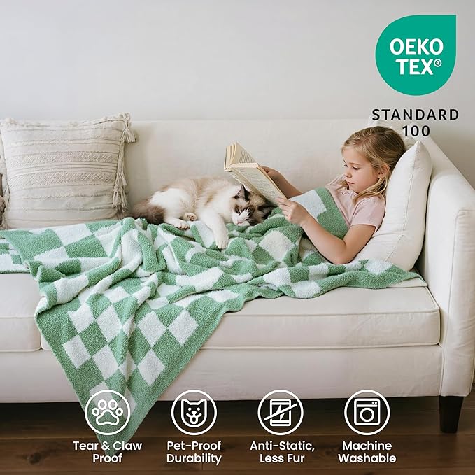 Joiedomi Throw Blanket for Couch, Sage Green Checkered Knitted Blankets Gifts for Women Mom Girls, Cozy Cute Soft Throw Home Room Decor Aesthetic Women Mothers Birthday Gifts 50x70 Inches