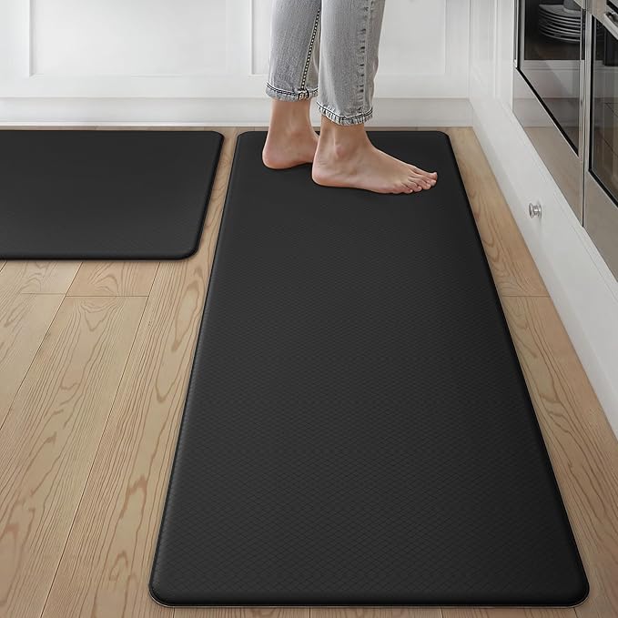 GENIMO Kitchen Mats for Floor 2PCs, Washable Anti Fatigue Mat for Cushioned, 17.3"x47"+17.3"x30", Waterproof Kitchen Rugs, Non Slip Comfort Standing Mat Rug for Home, Sink, Laundry, Pure Black