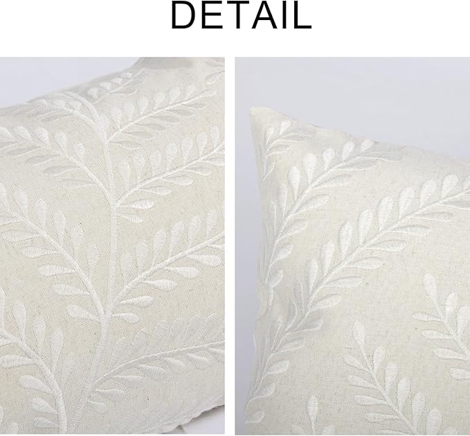 Embroidered Throw Pillow Cover 12x 20, Classical Boho Leaves Natural Linen Pillow Cushion Case, Farmhouse Home Decor for Outdoor Couch Bedroom Car White