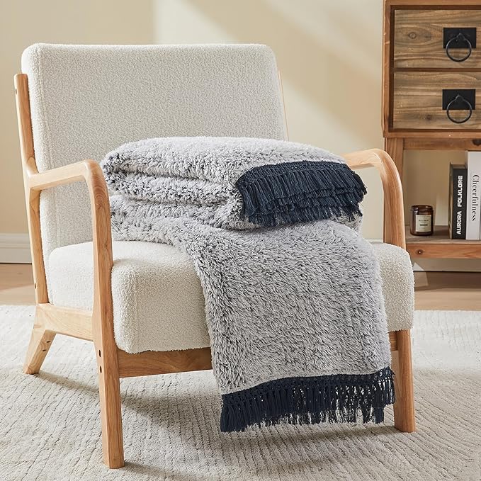 EMME Soft Sherpa Fleece Blanket with Tassel, Reversible Plush Fluffy Large Blanket, Light Weight Warm Decorative Boho Blanket Cover for Sofa, Couch, Bedroom,Travel(Tassel Navy,108"x90")