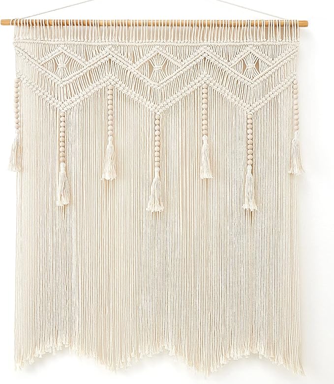 Mkono Macrame Wall Hanging Large Boho Decor Woven Wall Tapestry Chic Art Tassel Christmas Decoration for Backdrop over Bed Bedroom Nursery Dorm Classroom, Including Hanging Rod, 33''W x 42''H