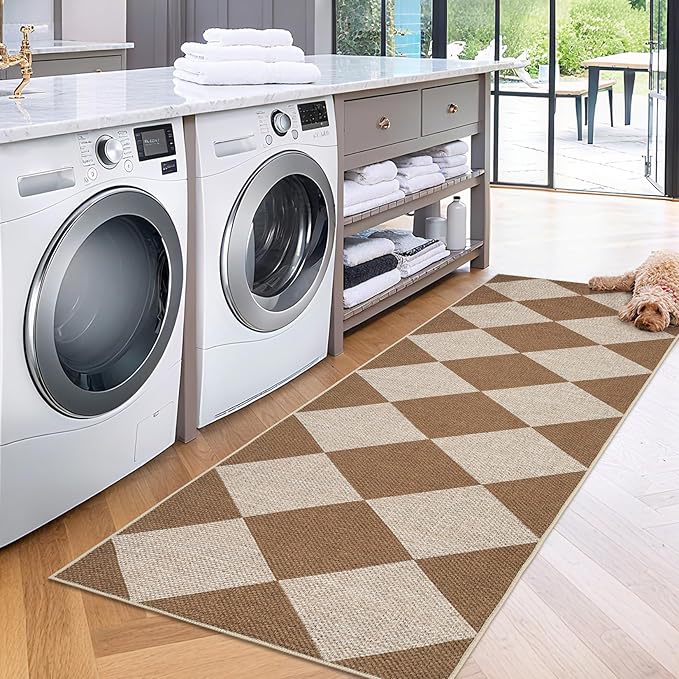 GarveeHome Easy Jute Rugs 2x8 Checkered Kitchen Runner Rugs Non Skid Washable Stain Resistant Indoor Outdoor Rugs for Living Room, Bedroom, Dining, Patio - Farmhouse Style Brown
