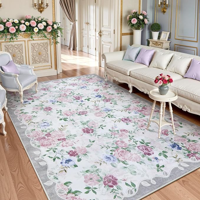 Lahome Purple Floral 5x7 Area Rugs, Boho Rugs for Bedroom Girls,Vintage Living Room Rug Non Slip Low Pile Ultra-Thin Large Carpet for Farmhouse,Dining Room,Kids,Nursery Nina(5'X7',Purple/Grey)
