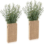 2 Pack Woven Wall Vase with Artificial Eucalyptus Boho Wall Basket Hanging Decor Rustic Pocket Planter Flower Vase for Indoor Living Room Bedroom Home Office Kitchen Decoration