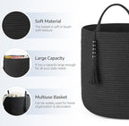Mkono Woven Storage Basket Decorative Natural Rope Basket Wooden Bead Decoration for Blankets,Toys,Clothes,Shoes,Plant Organizer Bin with Handles Living Room Home Decor, 16"W×13.8"L, Black