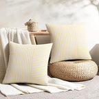 YCOLL Farmhouse Pillow Covers 16x16, Modern Accent Square Throw Pillow Covers Set of 2, Yellow and Beige Striped Patchwork Linen Decorative Pillows Cushion Covers for Couch Chair Bedroom Home Decor