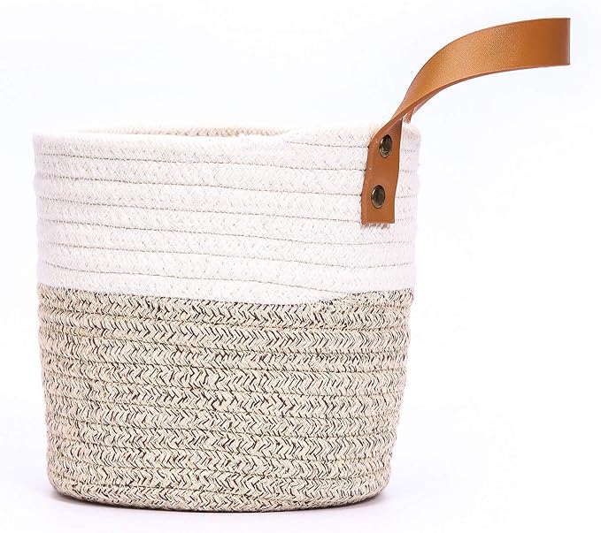 2pack Small Hanging Basket-Cotton Rope Wall Basket with Handle, Hanging Storage Baskets, Shelf Baskets Storage Bin Closet Organizer 6"×6.3", Woven Plant Basket - (White & Brown)