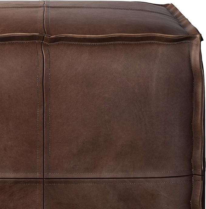 SIMPLIHOME Brody Square Pouf - 18 inch Wide Upholstered Vegan Leather Ottoman in Distressed Dark Brown, Boho Footstool, Coffee Table or Extra Seating for Living Room or Bedroom, Assembled