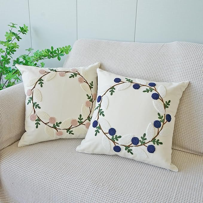 vctops Floral Embroidered Pillow Covers 18x18 Inch Spring Summer Cotton Tufted Throw Pillow Cover Outdoor Garden Cushion Case for Sofa, Bed, Living Room (Flower A,18"x18")