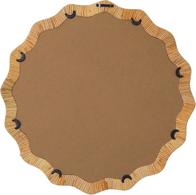 Boho Scalloped Rattan Round Mirror 24 Inches, Hanging Decorative Farmhouse Circle Mirror for Wall Decor Living Room Hallway Entryway, Handmade Coastal Circular Vanity Mirrors for Bathroom