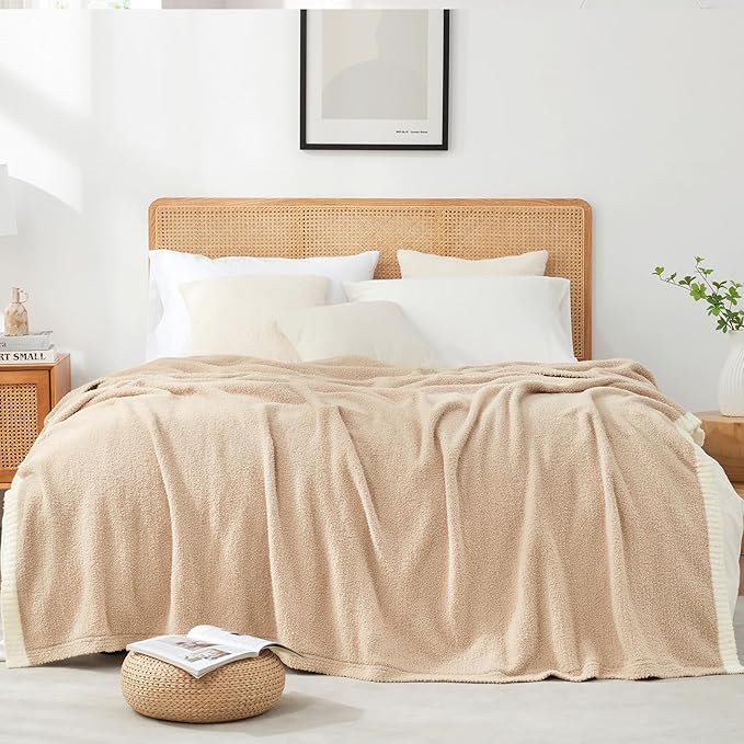 Snuggle Sac Beige Bedding Blankets Queen Size 90x90 inches, Reversible Microfiber Fluffy Fuzzy Soft Throw Cozy Knit Blanket for Women Mothers Birthday Gifts