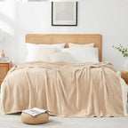 Snuggle Sac Beige Bedding Blankets Queen Size 90x90 inches, Reversible Microfiber Fluffy Fuzzy Soft Throw Cozy Knit Blanket for Women Mothers Birthday Gifts