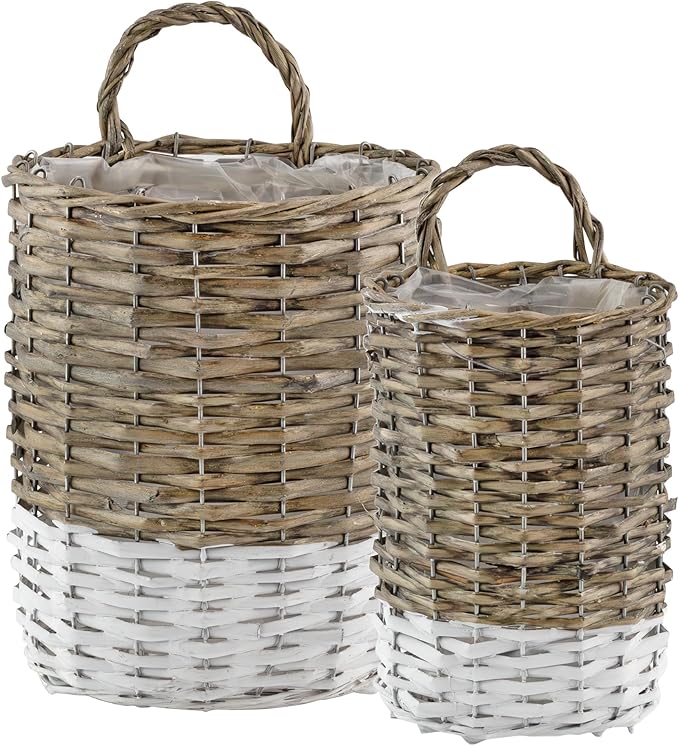 AuldHome Design Wall Hanging Baskets (Set of 2, Gray w/White); Woven WIcker Rustic Farmhouse Two-Tone Door Baskets, Small and Medium Size