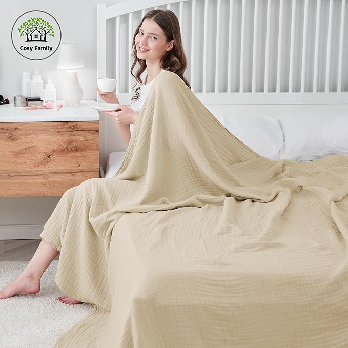 Cosy Family 4 Layer Muslin Bed Blanket - Breathable and Lightweight Gauze Boho Blanket for Spring, Soft 100% Cotton Muslin Blanket, Light Tan, 55x80 Inches