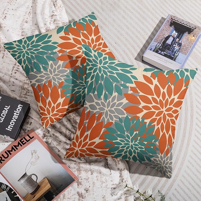 Teal Orange Gray Grey Pillow Covers 18X18 Inch Set of 2, Spring Modern Geometry Dahlia Floral Print Decorative Throw Pillow Covers Outdoor Farmhouse Cushion Case for Couch Sofa Bed Decor