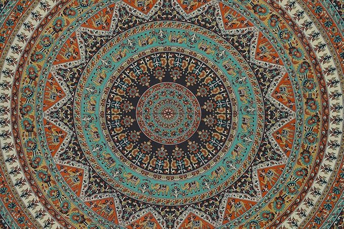 Popular Handicrafts Wall Hanging Tapestry For Bedroom Hippie Mandala Bohemian Psychedelic Intricate Floral Design Indian Bedspread Magical Thinking Tapestry 84x54 Inches,(215x140cms) Green Orange