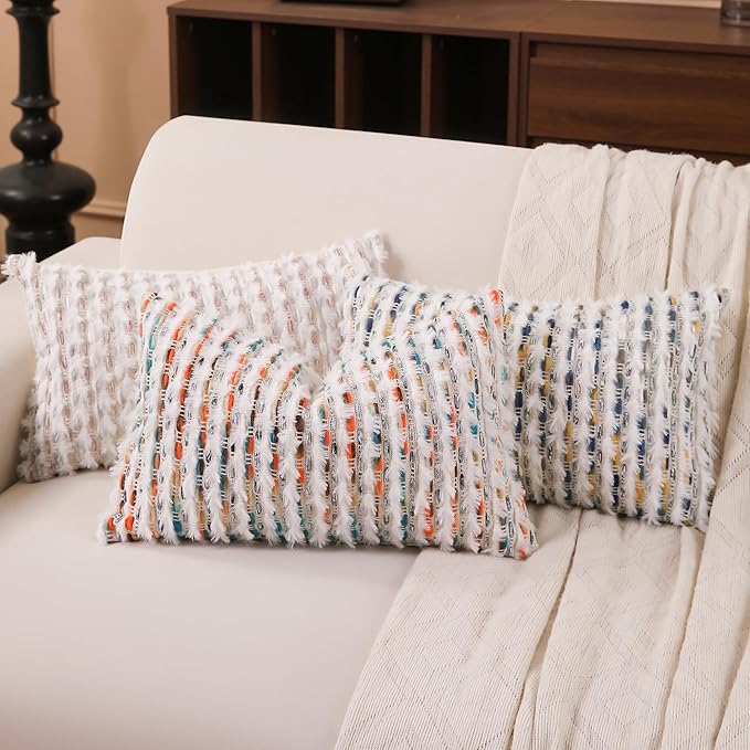 Boho Lumbar Pillow Cover 12x20 Inch Pack of 1 Farmhouse Rectangle Decorative Couch Throw Pillow Cover Blue Orange Chenille Tufted Striped Pillowcase for Living Room Sofa Bed