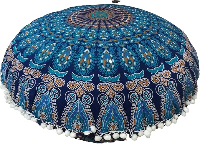ICC Large Hippie Elephant Mandala Floor Pillow Cover - Cushion Cover - Pouf Cover Round Bohemian Yoga Decor Floor Cushion Case- 32" (Green Peacock)