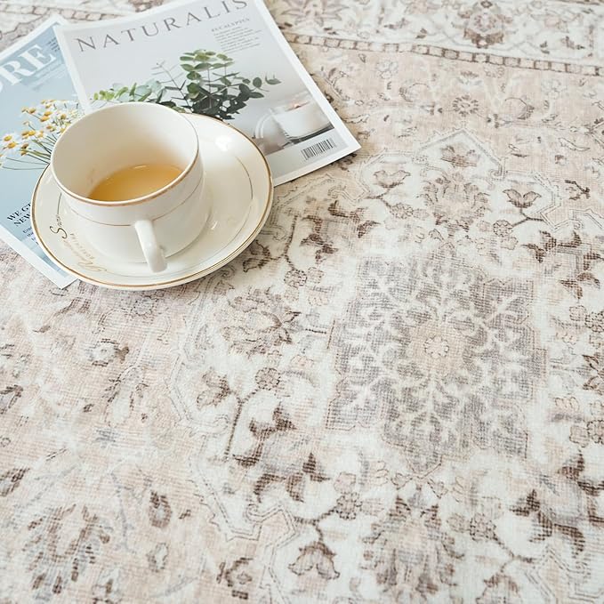3x5 Living Room Area Rugs: Vintage Washable Non-Slip Rug for Bedroom Dining Room Soft Carpet for Nursery Kitchen Home Office Durable & Easy-Clean Design Perfect for Homes with Cats & Dogs(3x5 Beige)