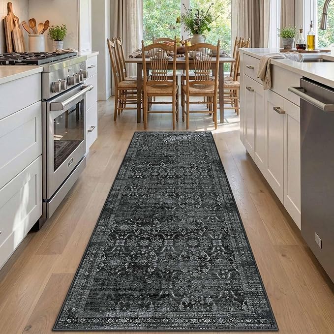 2x6 Runner Rug, Washable Kitchen Rugs, Black Boho Vintage Floral Hallway Runner, Non Slip Low Pile Area Rug Carpet for Indoor Hallway, Kitchen, Laundry Room and Bathroom(Black 2x6ft)