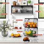 Black Kitchen Wall Hanging Storage Basket Set of 2, Rustic Stackable Kitchen Counter Fruit Organizer, Wire Baskets Container for Veggie, Garlic, Produce, Onion and Potato (Black Shelf)