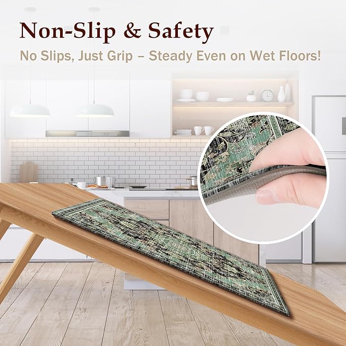 Boho Kitchen Mats for Floor 2 Piece Set Anti Fatigue Cushioned PVC Kitchen Rugs Non Slip Waterproof Farmhouse Mats 2/5 Inch Comfort Standing Mat for Sink, Laundry, 17.3"x47"+17.3"x28", Black Green