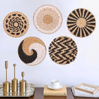 HJJWNDDNG 5 Pack Boho Wall Basket Decor Set, Hanging Woven Seagrass Rattan Wicker Boho Wall Decor, Round Farmhouse Wall Hanging Baskets Rustic Flat Wall Art for Living Room Bedroom Kitchen