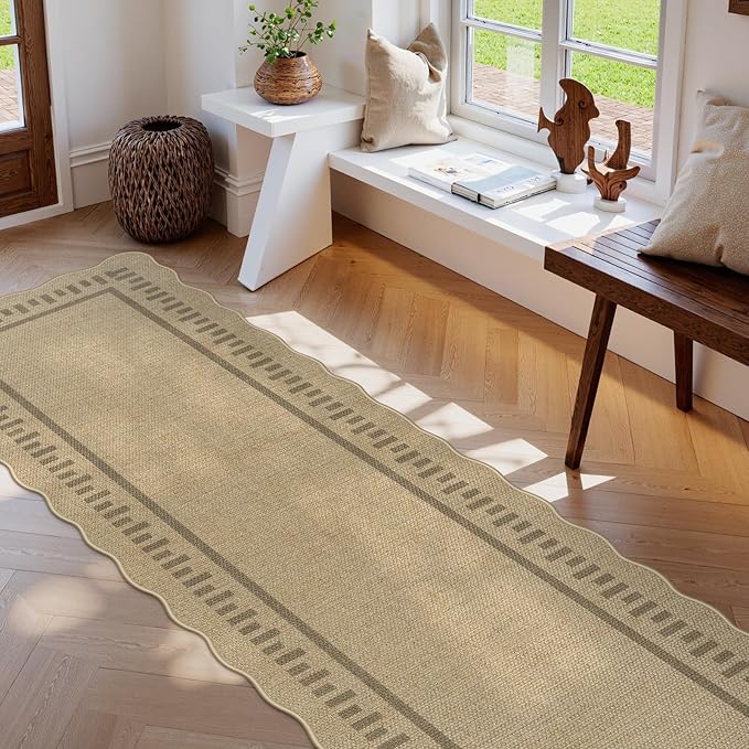 LIVEBOX Scalloped Washable 2x8 Runner Rug, Easy Jute Outdoor Rug Kitchen Tan Rugs for Hallway Entryway, Indoor Non Slip Rugs Farmhouse Geometric Carpet Door Mat for Porch Laundry Room Bedroom Boho
