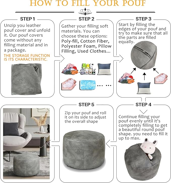 Thgonwid Unstuffed Faux Leather Pouf Cover, Handmade Footstool Ottoman Storage Solution, Floor Footrest Cushion - 16.5”Dx12”H, Grey