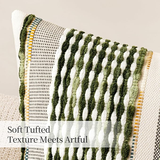 ANRODUO Pack of 2 Boho Decorative Throw Pillow Covers 22x22 Farmhouse Cushion Case Striped Chenille Pillow Cases Square Pillow Covers Accent Neutral Pillowcase for Sofa Couch Bed, Olive Green Stripe