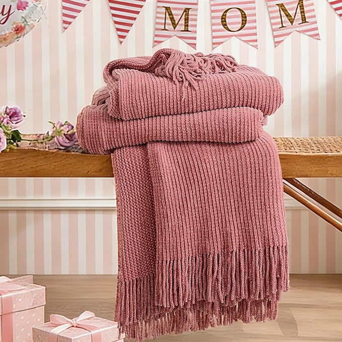 inhand Coral Pink Chunky Chenille Throw Blanket for Couch Bed, Mothers Day/Mom Birthday Gifts for Mom from Daughter Son,Soft Boho Knitted Blanket,Cozy Decor for Living Room,50"x60",Medium Thick