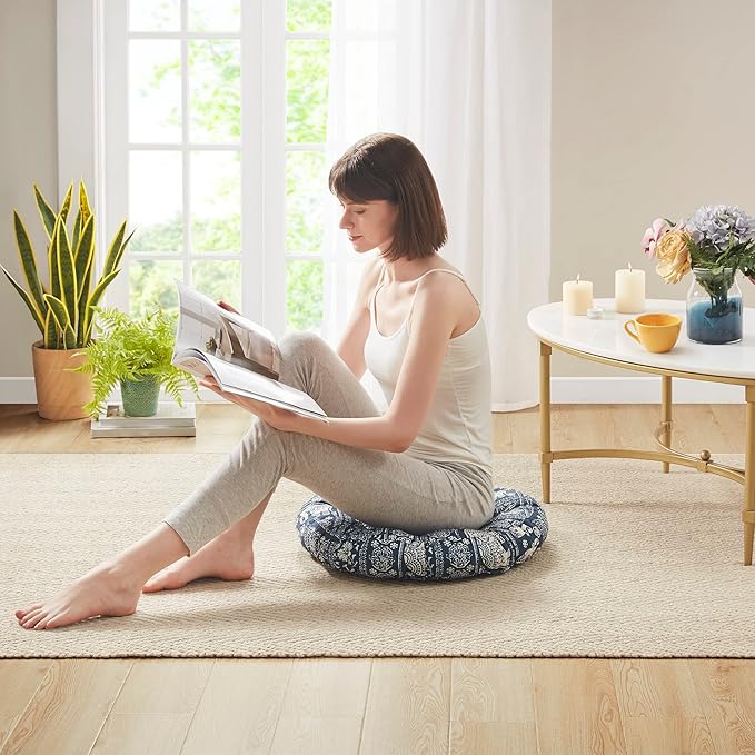 Codi Meditation Floor Pillow, Boho Pillows Seating for Adults and Kids, Large Cushion for Yoga Living Room Tatami Sitting, Memory Foam Added, 22x22 Inch Pack of 2, Round - Indigo Elephant