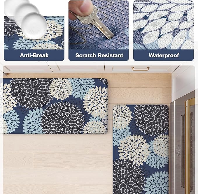 Anti Fatigue Kitchen Mats,Non Slip Farmhouse Kitchen Rugs Sets 2 Piece,Waterproof Dahlia Floral Kitchen Mat for Floor,Cushioned Standing Mat for Kitchen,Laundry,Sink,Desk,Mutil-Blue