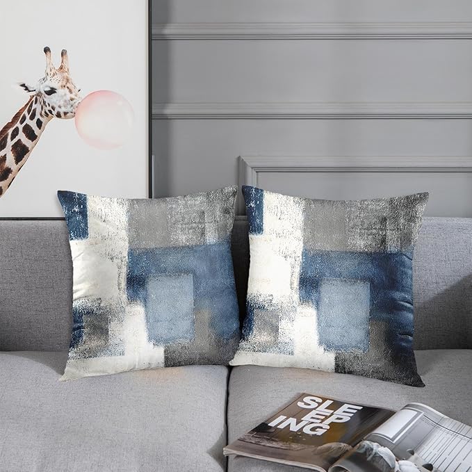 Emvency Set of 2 Throw Pillow Covers Modern Abstract Painting Blue White and Gray Decorative Sofa Pillow Cases Home Decor Standard Square 24x24 Inches Pillowcases