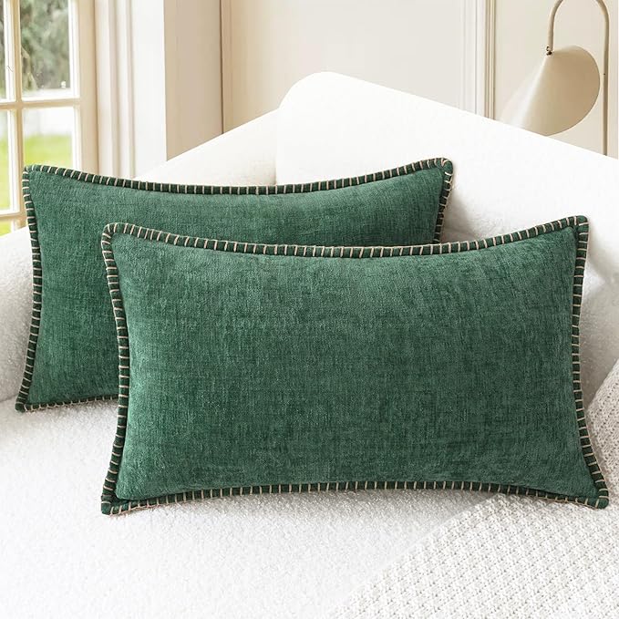 CaliTime Christmas Throw Pillow Covers Decorative 12 X 20 Inches Pack of 2 Cotton Thread Stitching Edges Solid Dyed Soft Chenille Cushion Cases for Couch Sofa Bed Living Room Farmhouse Dark Green