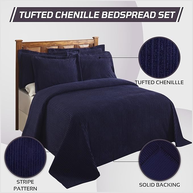 Better Trends Chenille Bedspreads Full/Double Size, Navy 100% Cotton Chenille Stripe Design Tufted Bedding Coverlet Soft Lightweight, 96"x110" with 2 Sham, 3 Pieces Set Jullian Collection