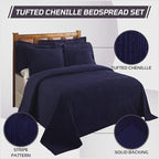 Better Trends Chenille Bedspreads Queen Size, Navy 100% Cotton Chenille Stripe Design Tufted Bedding Coverlet Soft Lightweight, 102"x110" with 2 Sham 3 Pieces Set Jullian Collection