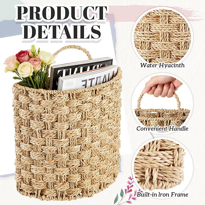 Chunful 2 Pcs Seagrass Hanging Wicker Basket, Natural Wicker Decorative Baskets, Handmade Woven Storage Organizer for House Garden Wedding Wall Decorations, Large & Small Size
