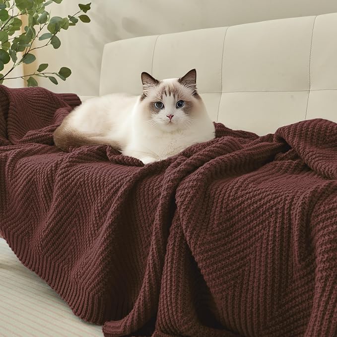Knitted Throw Blanket 50"X60", Brown Knit Throws for Bed, Super Soft Boho Chevron Blankets for Couch Sofa Chair Room Decor, Textured Decorative Farmhouse Cozy Lightweight