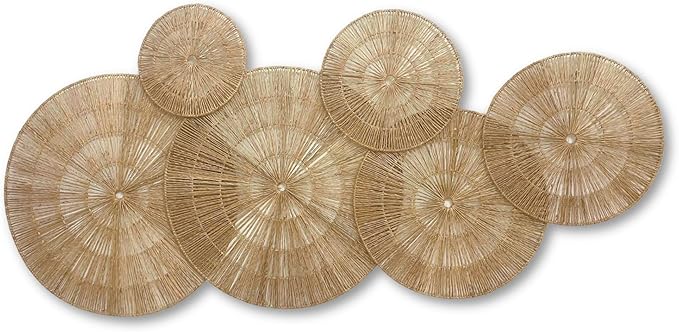 Wicker Wall Decor, Set of 6 pieces 22/21/16/14/12/10", Flat Baskets For Wall Decor,Woven Wall Art for Above Bed Decoration,Boho Decorative Wall Plate With Metal Frame