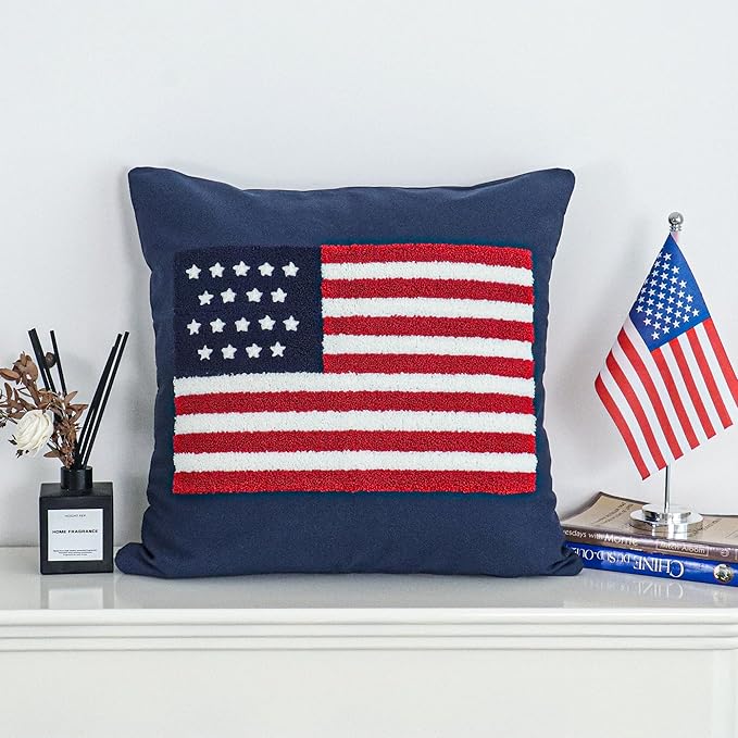 Jonhier 4th of July Throw Pillow Cover, Independence Day Patriotic Throw Pillow Case Tufted American Flag Pattern, Textured Cushion Cases Memorial Day Flag Day Decor for Sofa Bed (Blue, 18” x 18”)