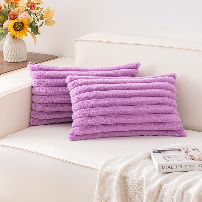 Pack of 2 Faux Fur Fall Throw Pillow Covers 12x20 Inch, Soft Plush Striped Neutral Couch Pillow Cover, with Velvet Back Modern Home Decor for Sofa Living Room Couch Bed Purple