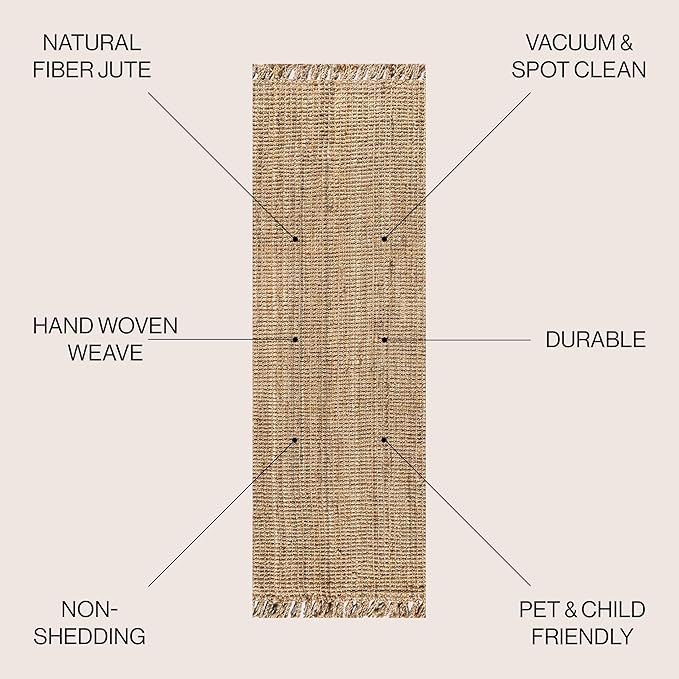 JONATHAN Y Handwoven Jute Fringe Natural Runner Rug, 2x10, Pata, Bohemian, Rustic, Cottage, Easy-Cleaning for Living Room, Bedroom, Kitchen, Non-Shedding (NRF103A-210)