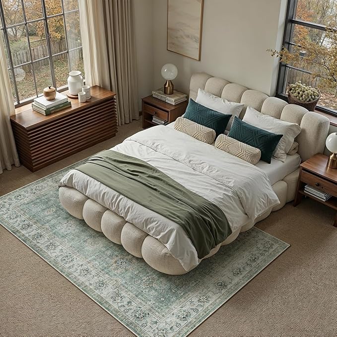6x9 Washable Area Rug for Living Room Bedroom Teal Blue Vintage Distressed Rustic Low Pile Carpet Non-Slip Soft Throw Rug for Indoor Dining Room Office