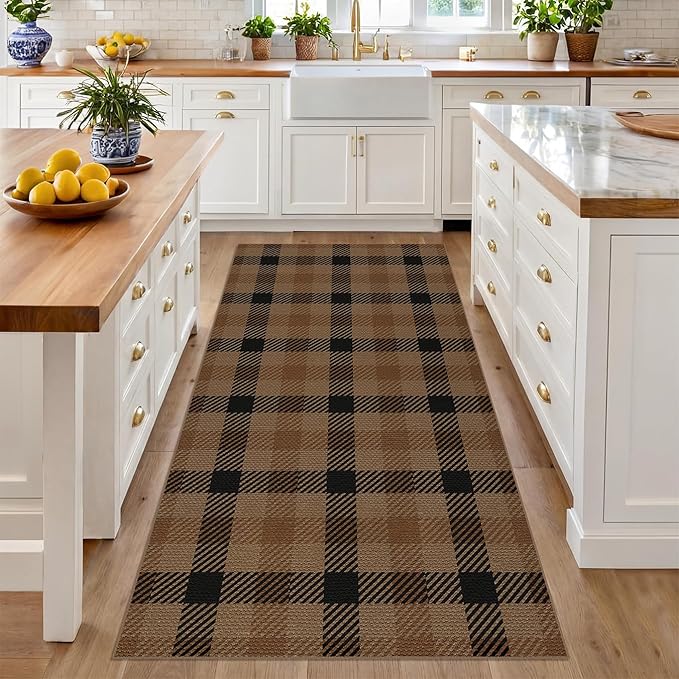 Neutral 3x6 Area Rug Indoor Entrance - Easy Jute Brown Checkered Rug for Entryway, Kitchen, Small Living Room, Earthy & Coffee Rustic Accent Décor